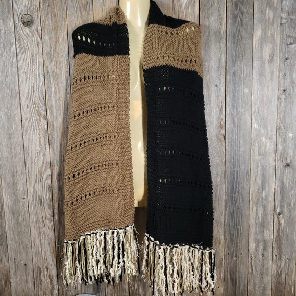 NEW Black Brown Colorblock Hand Knitted Shawl Scarf Wrap Boho Hippie Handmade - Picture 6 of 9
